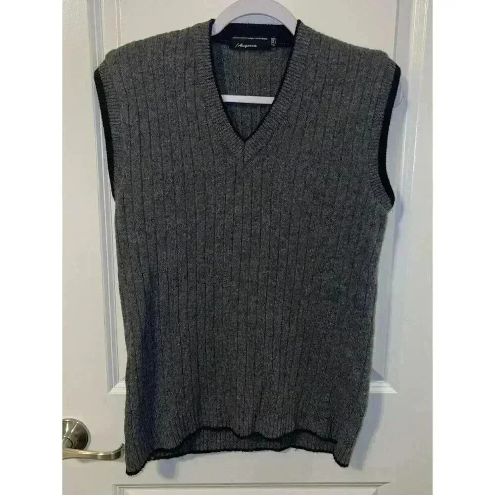 Gaudy Knitwears Angora V-Neck Sweater Vest Mens 40 Gray/Black Vintage